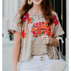 Free People Catalunya Floral Embroidered Striped Knit Top Boho Light Academia